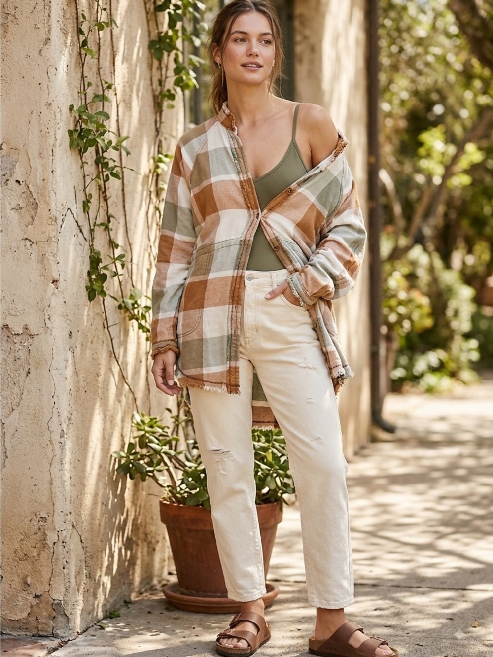 We The Free Plaid Button-Down Shirt Jacket in Cream, Tan & Green